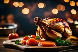 a roasted chicken with tomatoes and parsley on a wooden cutting board. AI-Generated photo