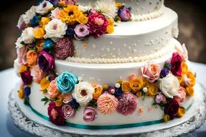 a wedding cake with colorful flowers on top. AI-Generated photo