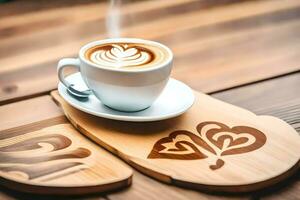 coffee on wooden tray with heart design. AI-Generated photo