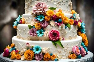 a wedding cake with colorful flowers on top. AI-Generated photo