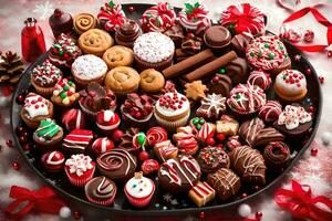 a platter of christmas sweets on a table. AI-Generated photo