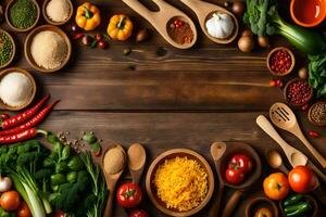 a wooden table with various spices and vegetables. AI-Generated photo