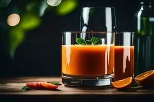 two glasses of orange juice with oranges and mint leaves. AI-Generated photo