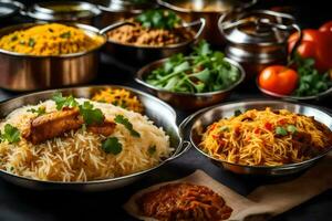 various types of indian food in metal bowls. AI-Generated photo