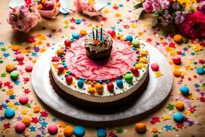 a birthday cake with candles and confetti. AI-Generated photo