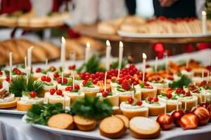 un buffet mesa con muchos diferente tipos de alimento. generado por ai foto