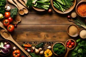 a wooden table with many different types of vegetables. AI-Generated photo