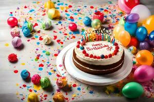 a birthday cake with candles and confetti is surrounded by balloons. AI-Generated photo