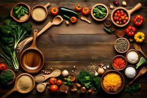 a wooden table with various types of vegetables and spices. AI-Generated photo