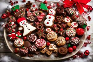 Navidad galletas en un plato con rojo cinta. generado por ai foto