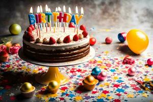 un cumpleaños pastel con velas en cima. generado por ai foto