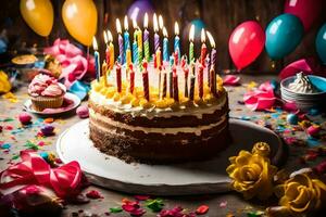 a birthday cake with candles on it. AI-Generated photo