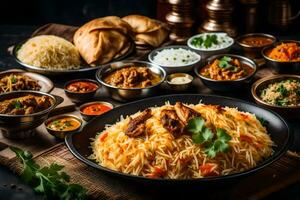 indian food dishes in a black bowl. AI-Generated photo