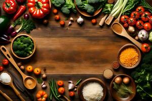 various vegetables and spices are arranged around a wooden table. AI-Generated photo