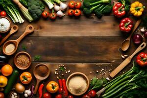 a wooden table with various vegetables and spices. AI-Generated photo