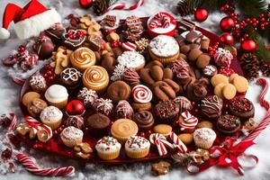 a tray of christmas cookies and candies on a snowy surface. AI-Generated photo