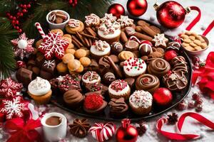 a platter of christmas treats with a christmas tree and decorations. AI-Generated photo