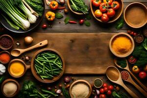 a wooden table with many different types of vegetables and spices. AI-Generated photo