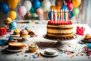 birthday cake with candles and balloons. AI-Generated photo