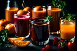 a variety of juices and fruits on a dark background. AI-Generated photo