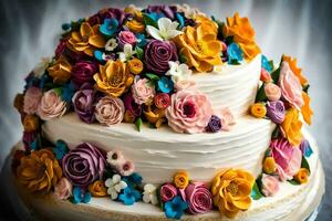 a wedding cake decorated with colorful flowers. AI-Generated photo