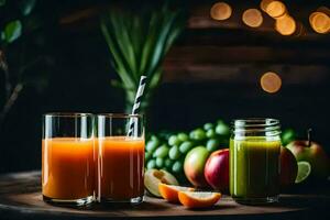 two glasses of juice with apples and oranges. AI-Generated photo