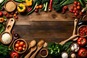 a wooden table with many different types of vegetables. AI-Generated photo