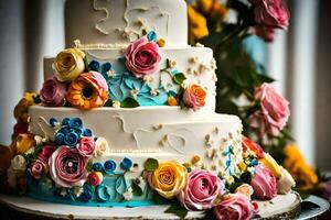 a colorful wedding cake with colorful flowers. AI-Generated photo