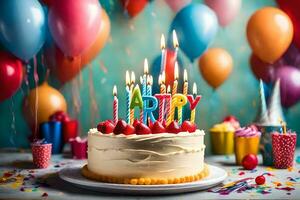 a birthday cake with candles on top and balloons. AI-Generated photo