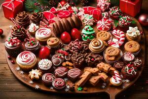 christmas cookies and cakes on a wooden tray. AI-Generated photo