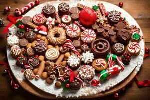 un plato de Navidad galletas y caramelo bastones generado por ai foto