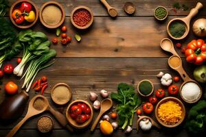 various types of vegetables and spices in bowls on a wooden table. AI-Generated photo