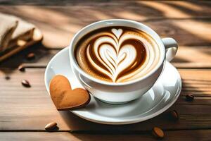 a cup of coffee with a heart shaped latte art. AI-Generated photo