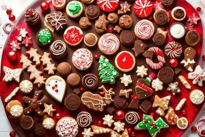 un plato de Navidad galletas en un blanco mesa. generado por ai foto