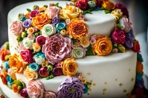 a cake decorated with colorful flowers. AI-Generated photo