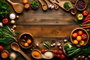 a wooden table with many different types of vegetables. AI-Generated photo