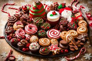 Navidad postre plato con Navidad galletas y dulces. generado por ai foto