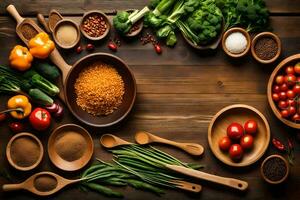 a variety of vegetables and spices in wooden bowls. AI-Generated photo
