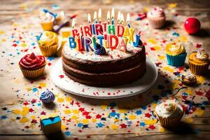 a birthday cake with candles and cupcakes on a wooden table. AI-Generated photo