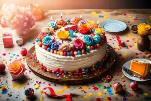 a birthday cake with colorful frosting and candles. AI-Generated photo
