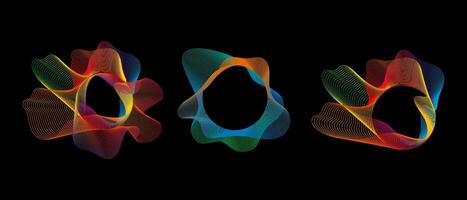 Sound smooth waves of shapes of different shapes, Set Equalizer rainbow color gradient. Vector geometric shapes isolated on black background