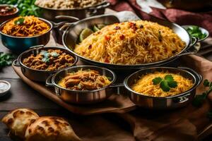 indian food in bowls on a wooden table. AI-Generated photo