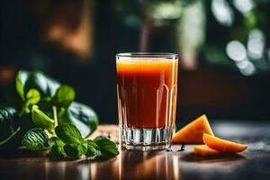 a glass of orange juice with a slice of melon. AI-Generated photo