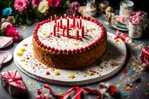 birthday cake with candles on a table. AI-Generated photo