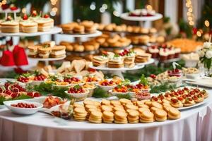 un buffet mesa con muchos diferente tipos de alimento. generado por ai foto