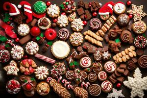 Navidad galletas y caramelo bastones en un oscuro antecedentes. generado por ai foto