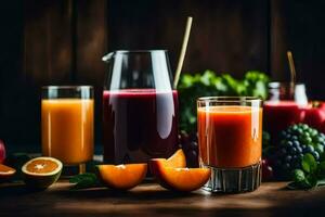 juice and fruits on a wooden table. AI-Generated photo