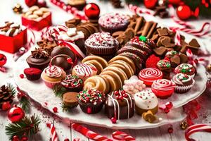 a platter of christmas sweets on a table. AI-Generated photo