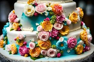 a wedding cake with colorful flowers on top. AI-Generated photo