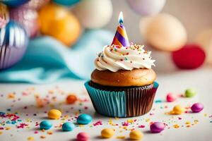 a cupcake with a birthday candle on top. AI-Generated photo